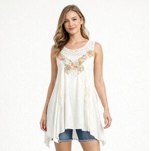 FREE PEOPLE Crochet Lace Retro Floral Sleeveless Tunic Top Handkerchief Hem Sz S